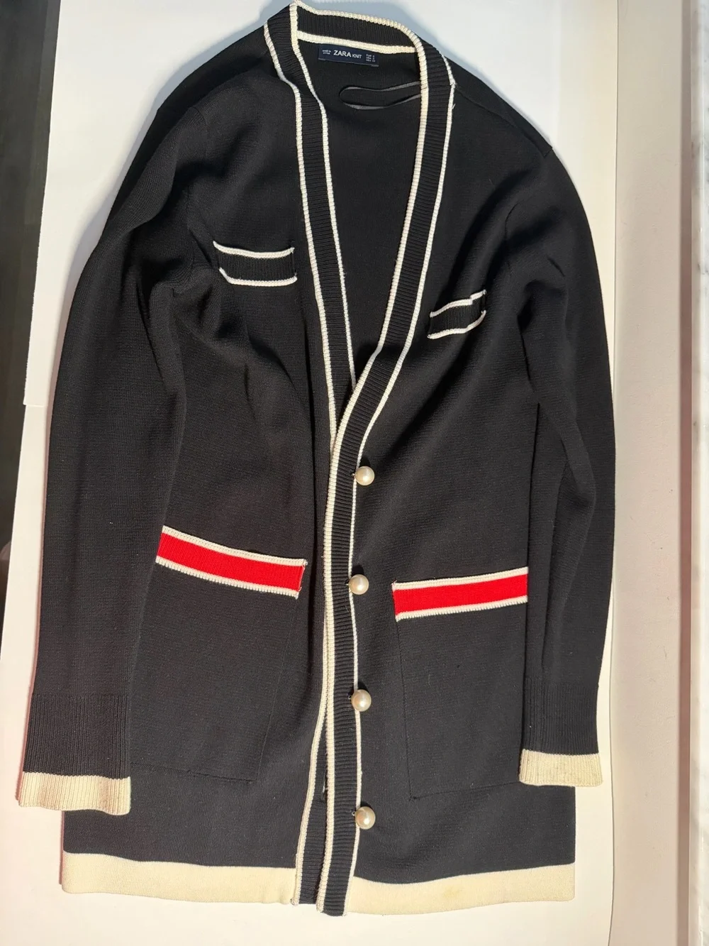 ZARA Women’s Black Longline Cardigan with Pearl Buttons & Contrast Trim